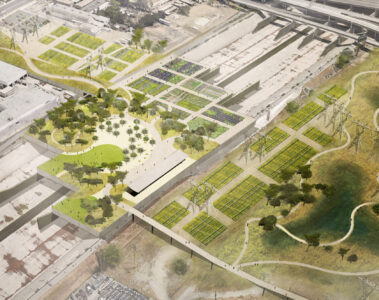 Los Angeles: Frank Gehry chce przykryć koryto rzeki wiszącymi parkami.2