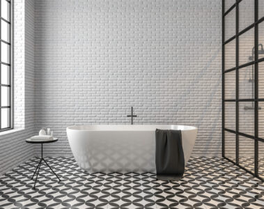 Scandinavian loft style bathroom 3d render,There are white brick wall, black and white tile floor pattern, There are black metal frame window nature light shining into the room.