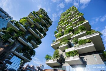 MILAN, ITALY - MAY 15, 2016: Bosco Verticale (Vertical Forest) low view. Designed by Stefano Boeri, sustainable architecture in Porta Nuova district, in Milan
