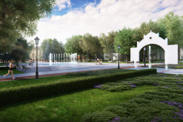 Park Staromiejski - wizualizacja - fontanna, widok w stronę ulicy Zachodniej